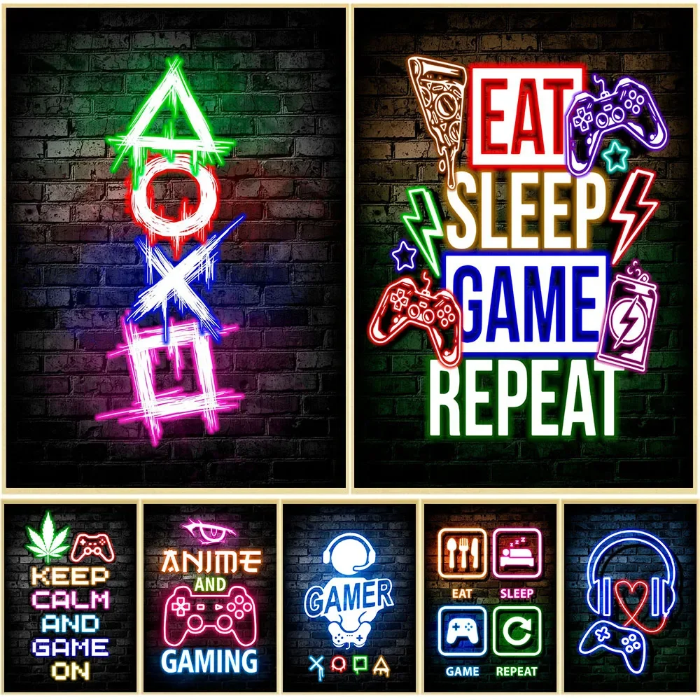 게임 네온 이트 슬립 게임 리피트 벽 예술 포스터 캔버 - Gaming Accessories Bedroom 리뷰 및 가격